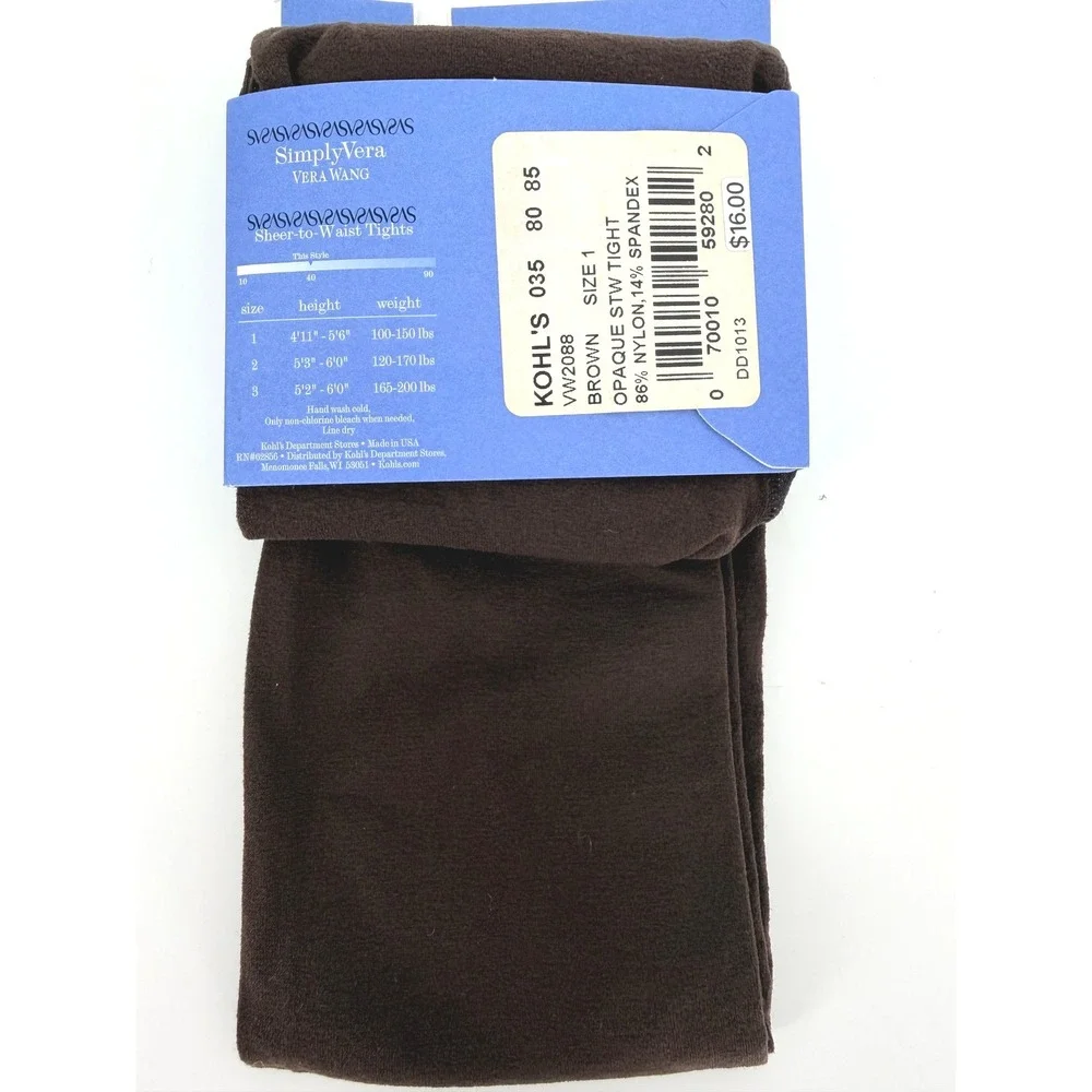 Simply Vera Vera Wang Brown Opaque Sheer-to-Waist Tights Size 1 NEW